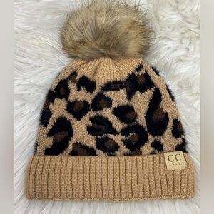 C.C Exclusives Soft Beanie Hat with Leopard Print Pattern and Faux Fur Pom